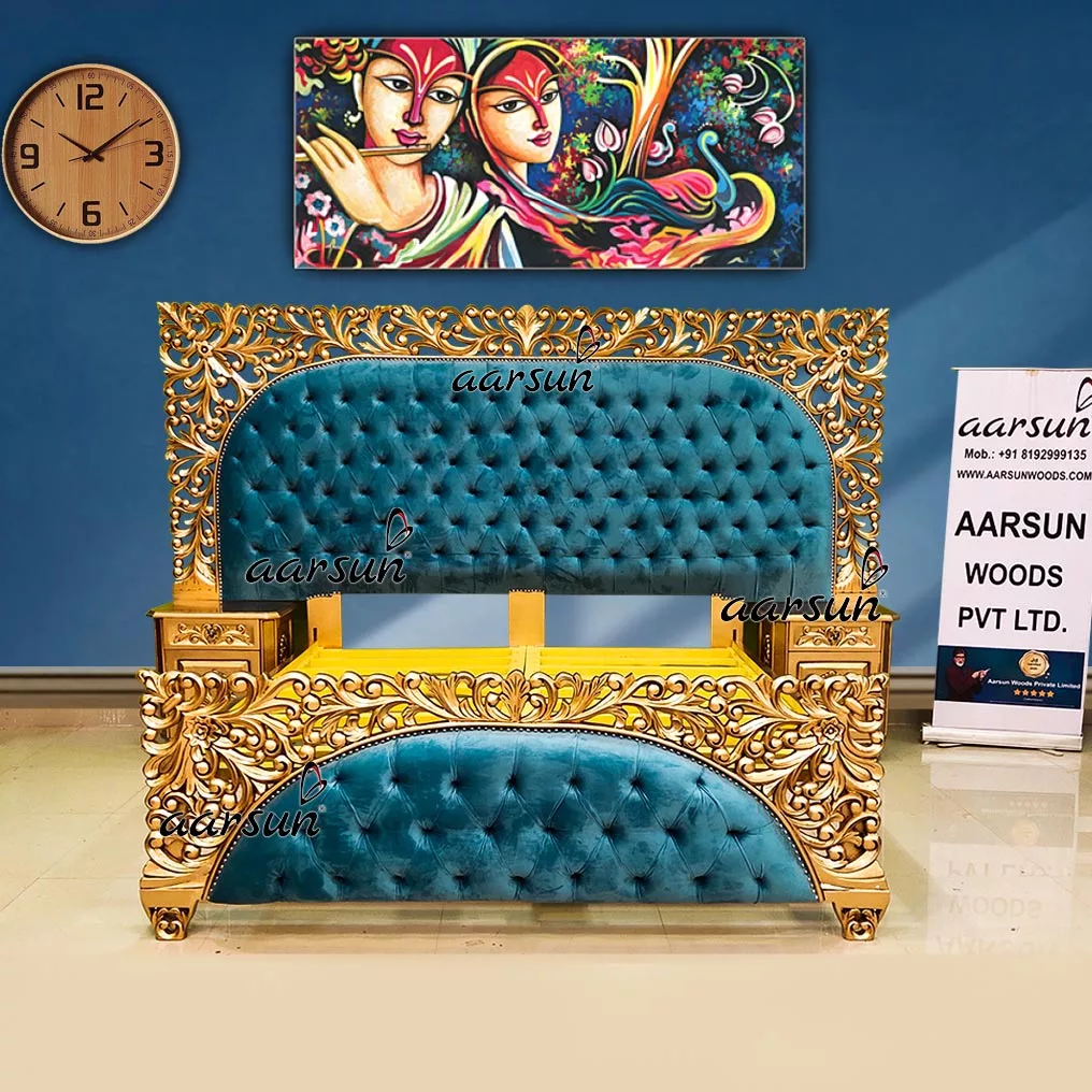 Personalized King Size Bed in Teak & Gold Finish
