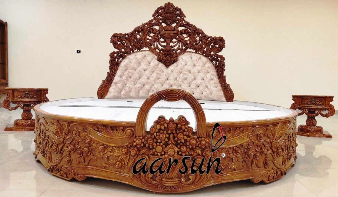 Round Wooden Bed with 2 Side Table