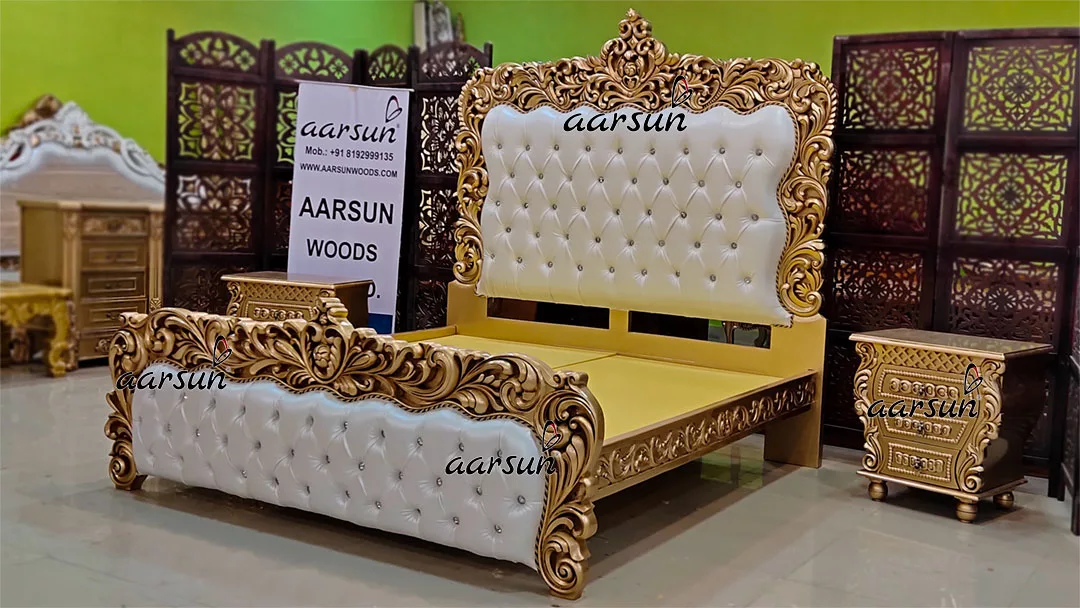 Royal Antique Gold Bed Design with Side Tables view 3