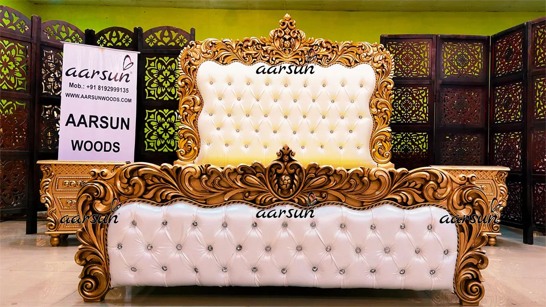 Royal Antique Gold Bed Design with Side Tables view 4