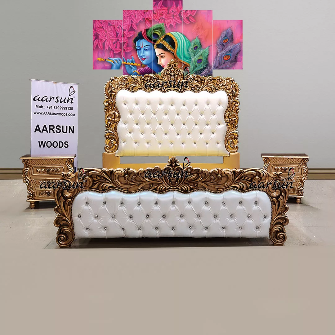 Royal Antique Gold Bed Design with Side Tables