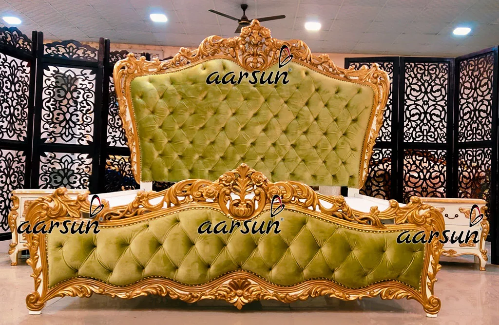 Royal Bedroom Set Tufted Bedsteads Velvet Green Fabric view 3