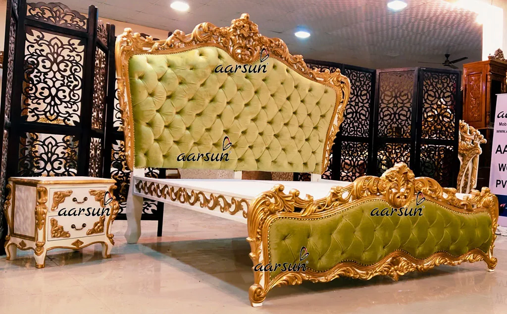 Royal Bedroom Set Tufted Bedsteads Velvet Green Fabric view 4