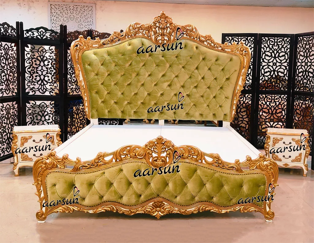 Royal Bedroom Set Tufted Bedsteads Velvet Green Fabric view 5