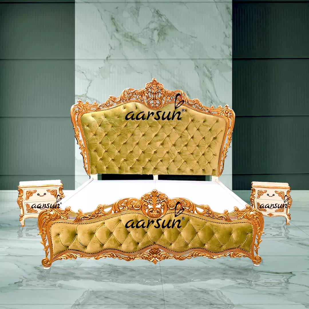 Royal Bedroom Set Tufted Bedsteads Velvet Green Fabric view 6