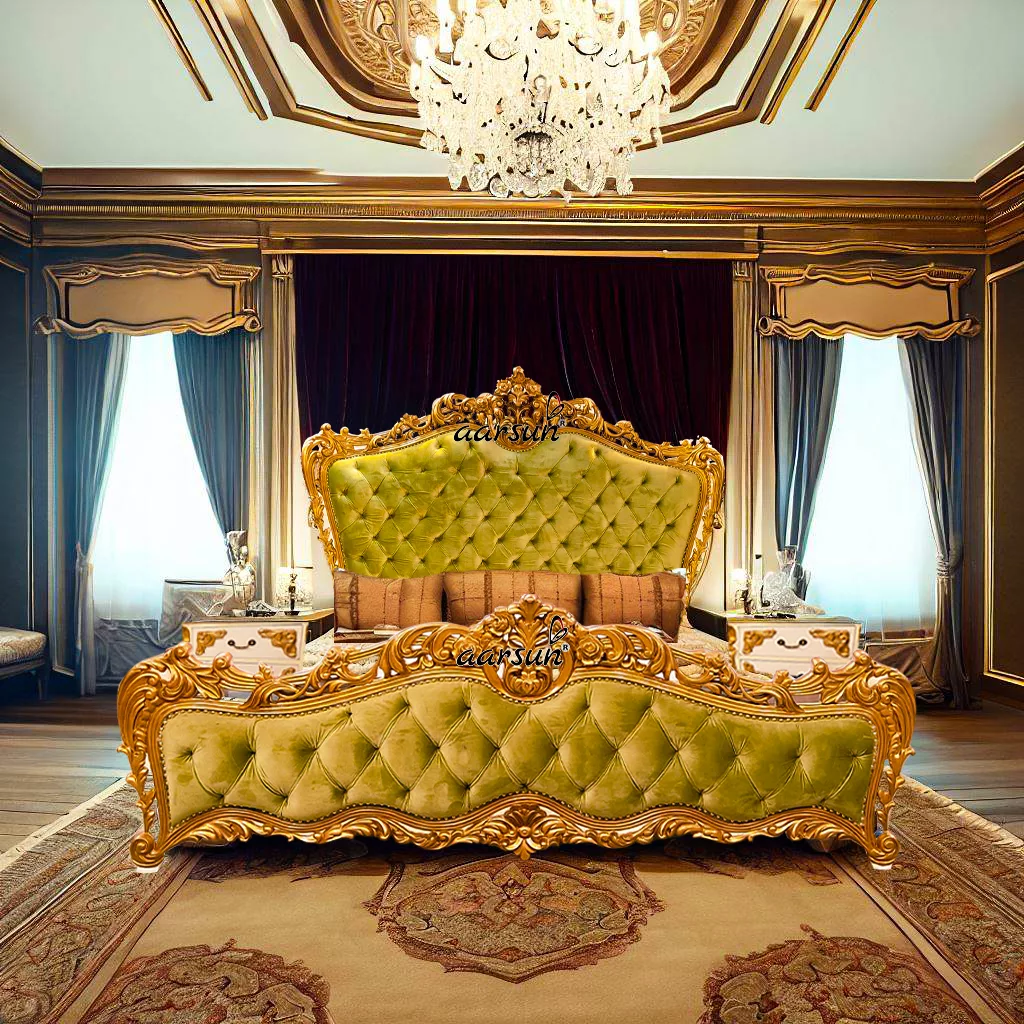 Royal Bedroom Set Tufted Bedsteads Velvet Green Fabric