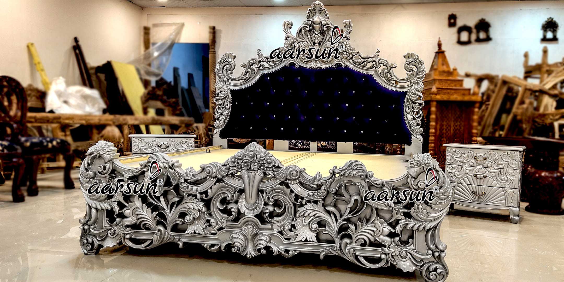 Silver Bed Design with Two Night Stand Table view 4