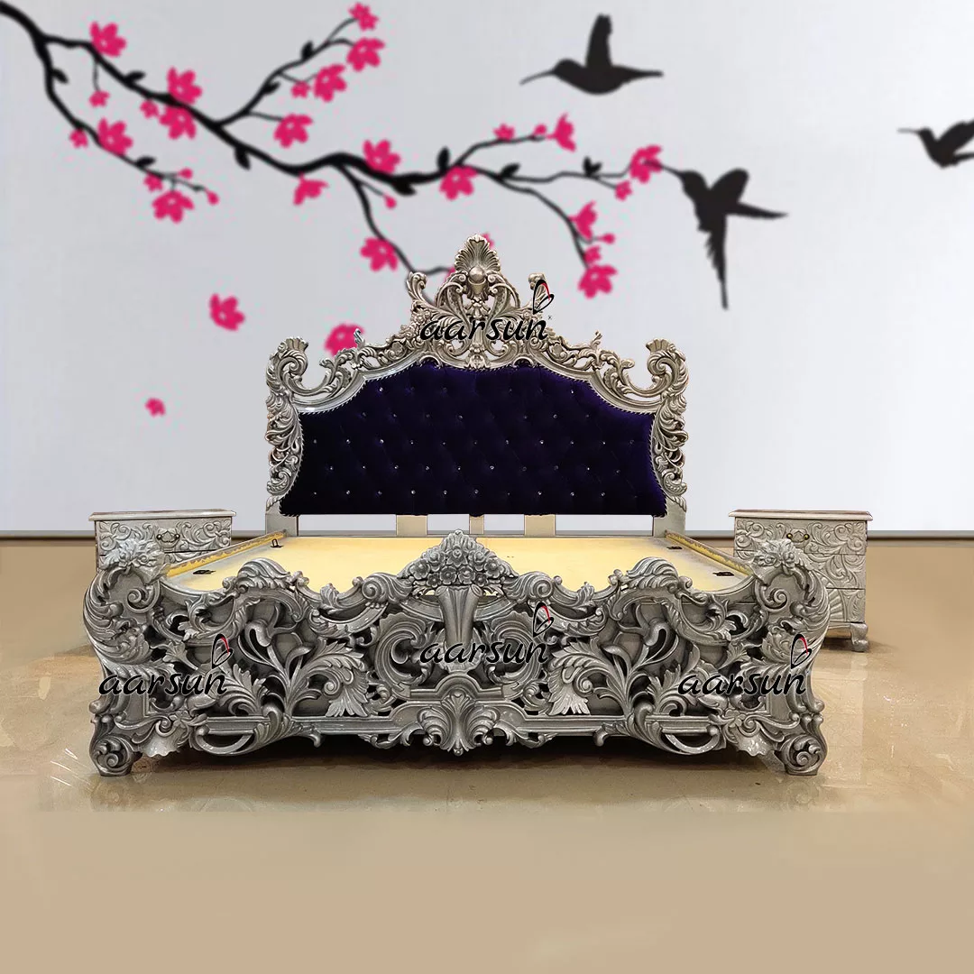 Silver Bed Design with Two Night Stand Table