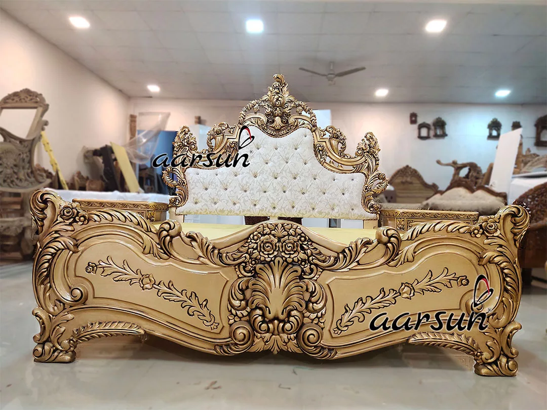 Solid Wood Carved Golden Bed view 3