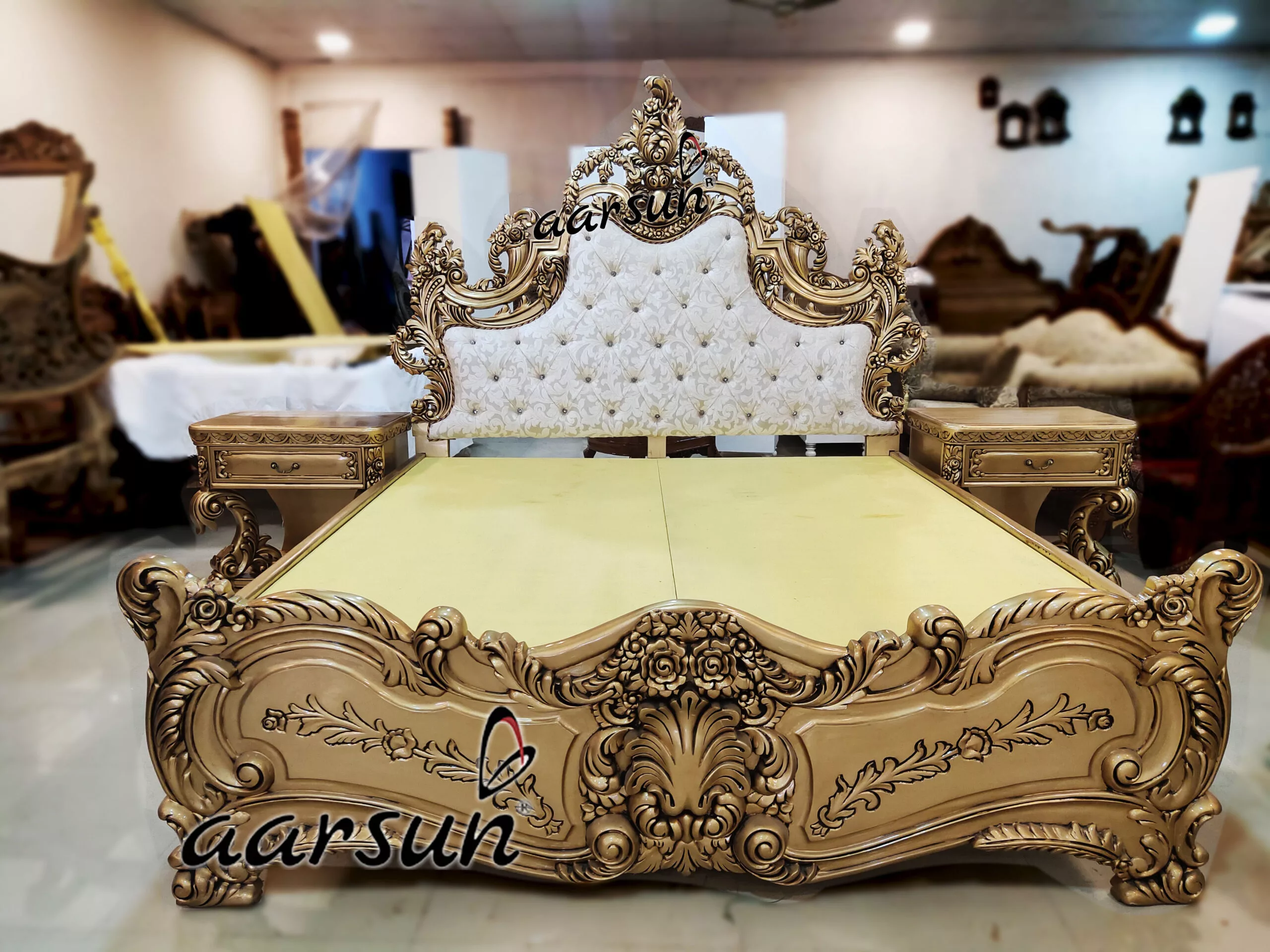 Solid Wood Carved Golden Bed