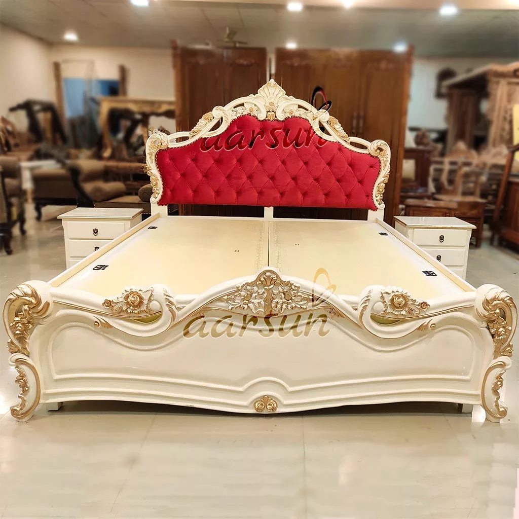 Teak Wood Off-White Bed with Golden Highlight view 3