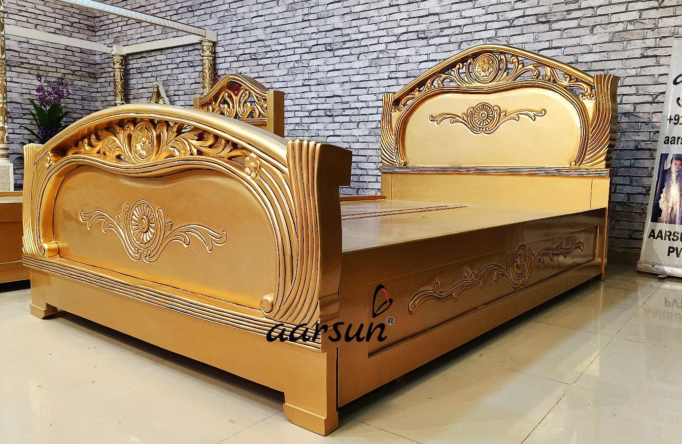 Three wooden bed set in gold polish view 4