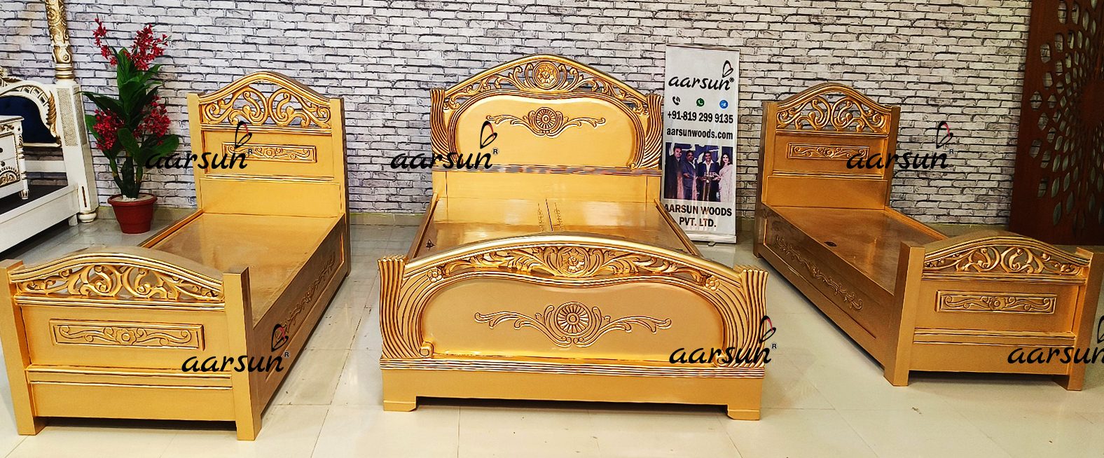 Three wooden bed set in gold polish view 5