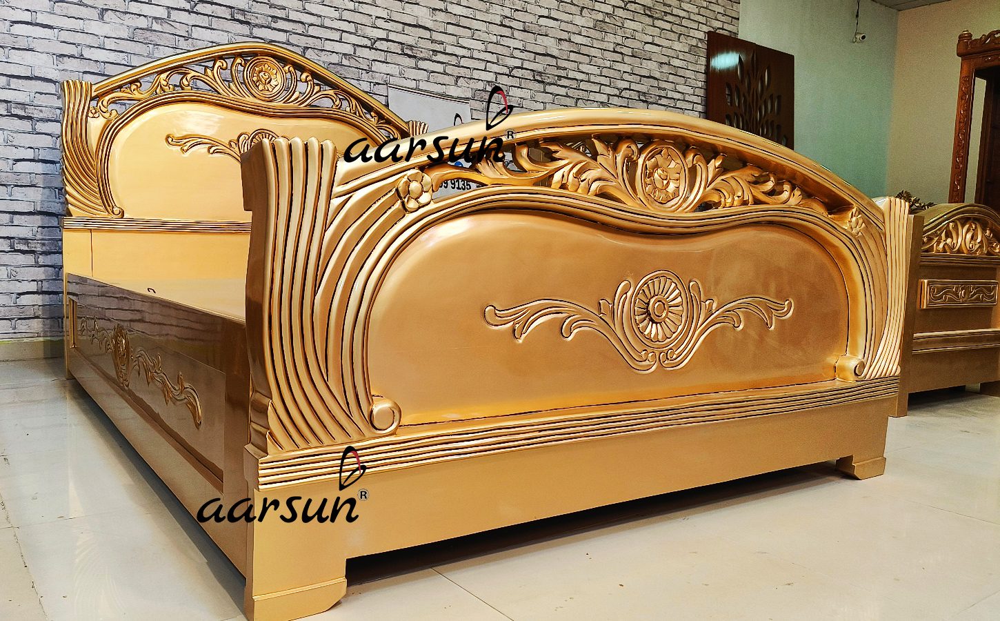 Three wooden bed set in gold polish view 6
