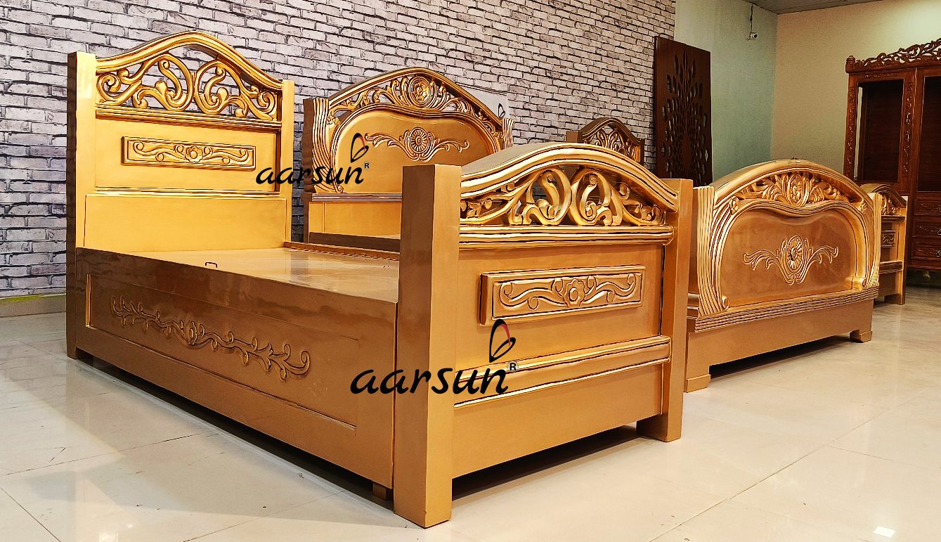 Three wooden bed set in gold polish view 8