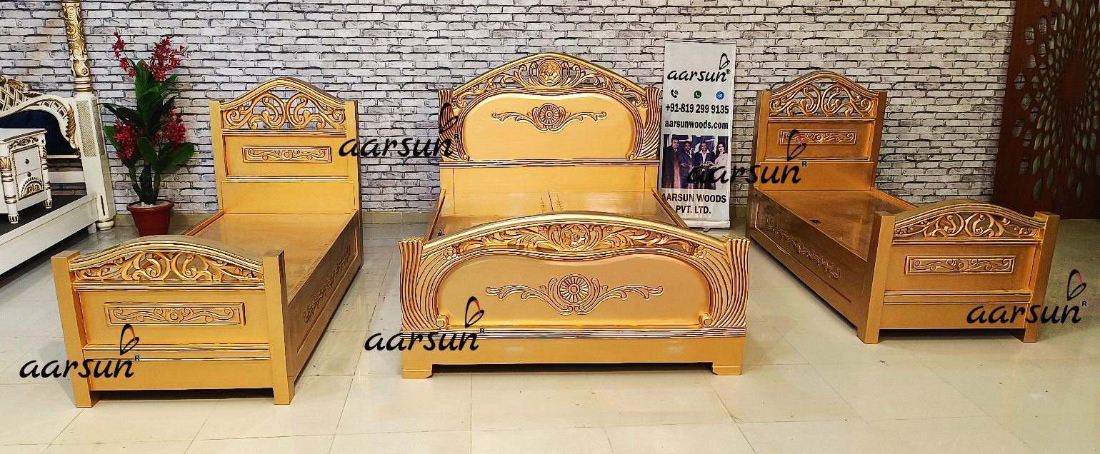 Three wooden bed set in gold polish