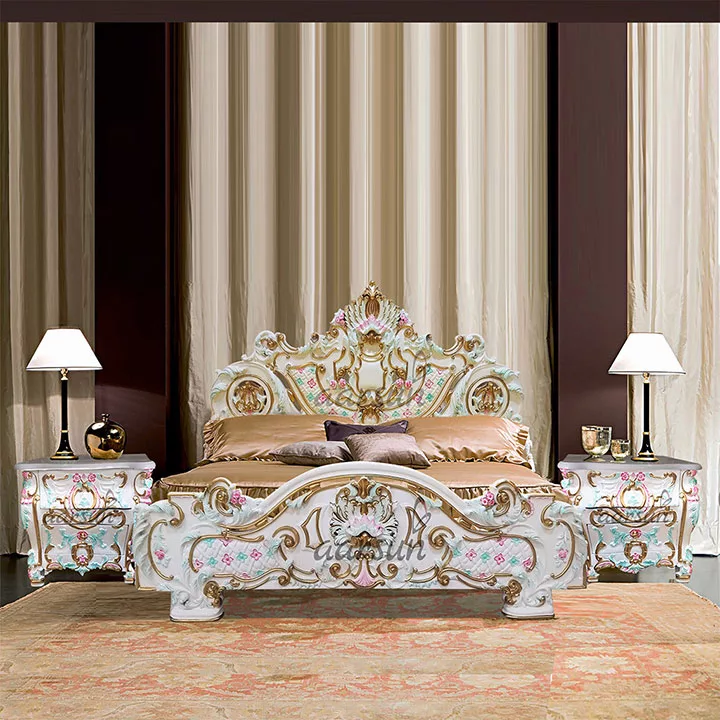 Victorian Style Bed White Finish with Golden Highlights