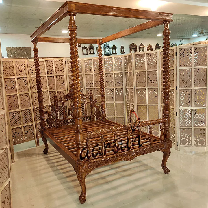 Wooden Poster Bed Teak Wood in Natural Finish view 3