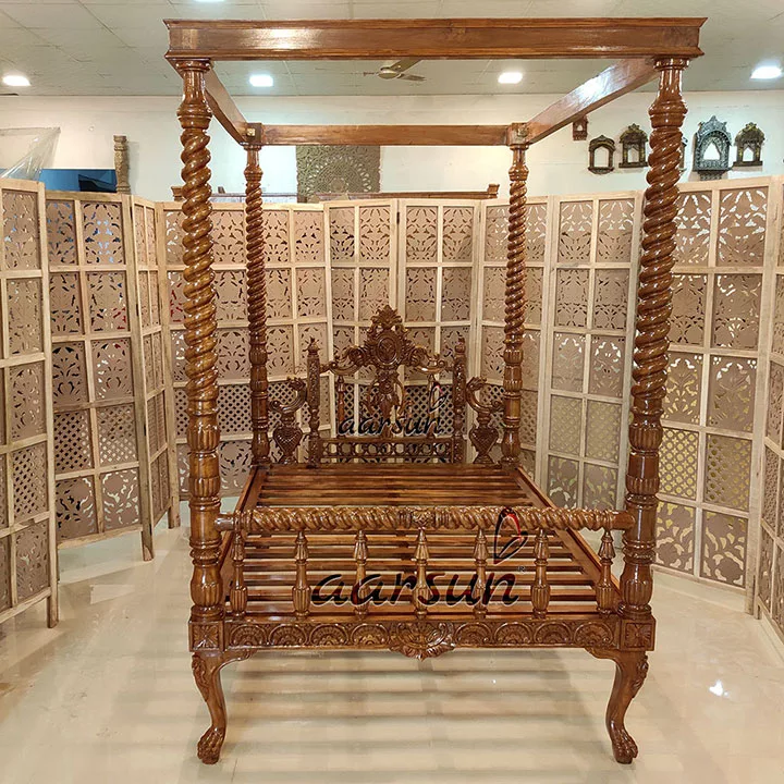Wooden Poster Bed Teak Wood in Natural Finish view 5