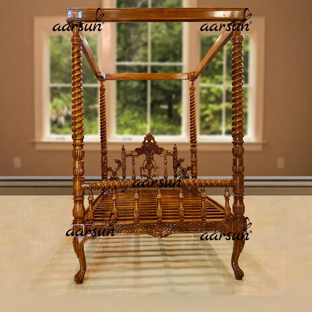 Wooden Poster Bed Teak Wood in Natural Finish